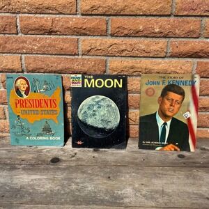 Vintage Wonder Books Lot 3pc Moon JFK Presidents Coloring Book 1960s